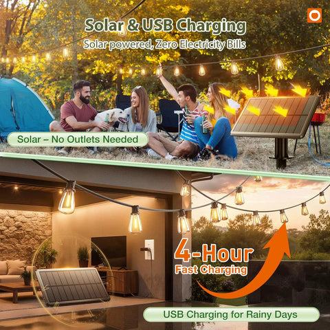 96 Ft Outdoor Solar String Lights With Remote And USB Port, patio setup with solar panel and people enjoying evening