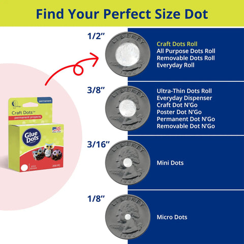 Comparison chart showing Double-Sided Craft Dots Half Inch Permanent Adhesive Points, 200 Clear Dots On Roll, with different sizes.