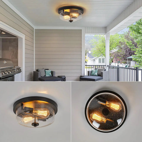Brushed Nickel Two Light Flush Mount Ceiling Fixture With Seeded Glass Shade for Indoor Outdoor Use on porch ceiling