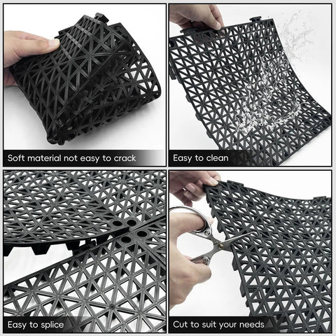 Modular Interlocking Cushion Drainage Floor Tiles 9 Pack 11.8 By 11.8 Inches PVC Raised 0.5 Inch Thick Non Slip Mats With Drain Holes Drains Fast For Shower Pool Deck Garage Patio Bathroom Sauna Yard image showing flexible, easy to clean and splice features