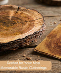 144 Pcs Disposable Rustic Wood Grain Slice Tableware Set for 24 Guests with heavy duty plates on wooden surface