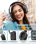 Woman wearing Trucker Bluetooth Headset With Noise Canceling Microphone And Long Battery Life Wireless Headphones outdoors.
