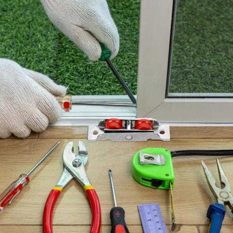 Rugged Sliding Door Pulley Track Set With Silent Dual Wheel Rollers And Rigged Tight Stainless Steel Nylon Bearings during installation.