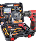 108 Piece Cordless Tool Kit Set With Sixteen Point Eight Volt Drill LED Work Light And DIY Hand Tools, open red-black case