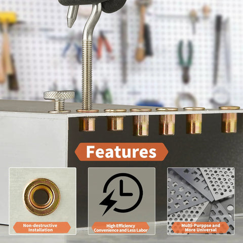 Front view of rivet nut installation tool with threaded mandrel and 15 copper rivet nuts on a metal panel