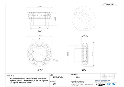 Pro Grade Heavy Duty Steel Ball Bearing Insert 1 1/2 Inch Bore technical drawing with dimensions and details for industrial use.