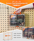 Heavy Duty 508 Piece Rotary Tool Accessory Kit in orange hard case, showing tools for cutting and sanding tasks.