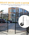 Heavy Duty Spring Loaded Gate Caster Wheels Set Featuring Rust Resistant Black Steel Build for smooth swinging on gates.