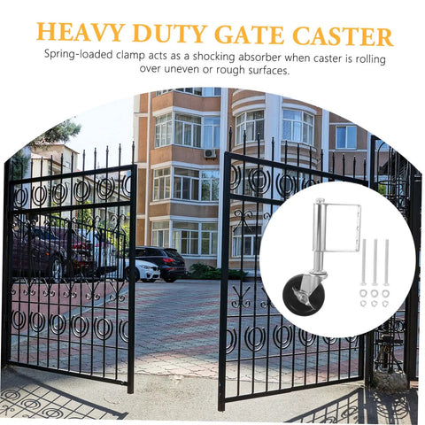Heavy Duty Spring Loaded Gate Caster Wheels Set Featuring Rust Resistant Black Steel Build for smooth swinging on gates.
