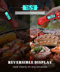 Instant Read Digital Meat Thermometer with Backlit Auto Rotating Display, 4.6 Inch Probe in use on barbecue grill