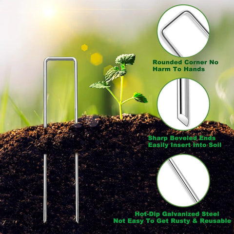 6 Inch Landscape Staples Set 11 Gauge Galvanized U Shaped Garden Stakes 100 Pack With Gaskets Hook Tool And Rubber Mallet For Weed Fabric And Landscaping No Fuss Easy Install