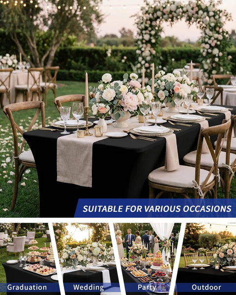 Slick Top Notch Two Pack Black 6Ft Fitted Tablecloth Rectangle Spandex Blend Cover used for elegant outdoor dining setup.