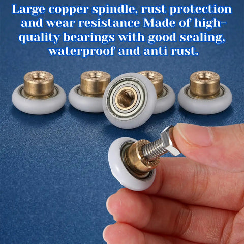 Top Shelf Shower Door Rollers Replacement Kit Featuring Bulletproof Carbon Steel Core And Hella Smooth Silicone Wheels For Nailed Bathroom Slider Performance Daily, showcasing five white silicone rollers with metal spindles.