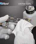 AAWipes cleanroom polyester wipe; close-up of gloved hands cleaning a circuit board with a white lint-free cloth