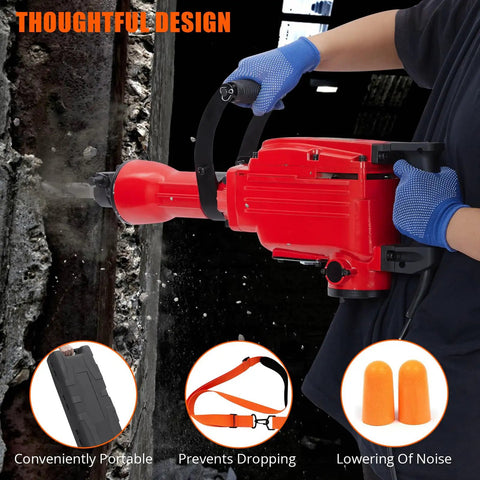Heavy Duty Concrete Breaker Jack Hammer With 1700W Demo Power And Three Piece Chisel Bit Kit in action on concrete wall.