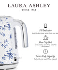 Floral-patterned kettle with side water window, 1.7L capacity, and easy manual switch. No Fuss 1.7 Liter Stainless Steel Electric Kettle With 1500W Fast Boil Auto Shut Off Boil Dry Protection Large 7 Cup Capacity Easy Manual Switch Water Window And Eco Cup Measurements For Quick Efficient Tea And Coffee.