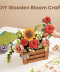 3D Wooden Bloom Box Puzzle Desktop Bouquet Kit For Adults in progress, intricately carved flowers arranged in wood craft set.