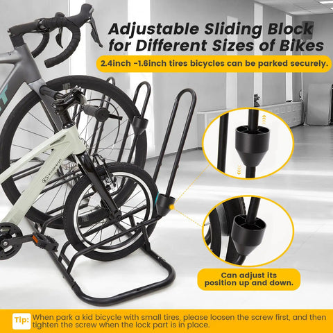 Rock Solid Four Bike Floor Rack With Zero Scratch Guards For Disc Brakes And Derailleurs Upgraded Steel Garage Organizer with adjustable sliding block for tire sizes 2.4 to 1.6 inches.