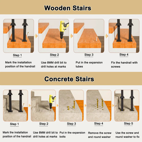 Installation steps for Level Up Your Staircase Setup With This Solid Black Wrought Iron U Shaped Handrail on wooden and concrete stairs.