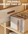 Fabric Drawer Organizers 4 Pack With Ventilation Mesh And Five Grid Layouts To Keep Your Knitwear And Casual Threads From Getting Bunched Up And Staying Smooth In Beige, foldable storage bin opened.