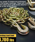 Beefy Heavy Duty 5/16 Inch 16 Feet Transport Chain 2 Pack Grade 70 Tow Chain With Clevis Grab Hooks and load limit of 4,700 lbs