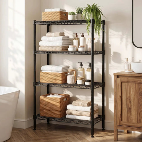 Built Like A Brick 4 Tier Wire Shelving Unit With Locking Heavy Duty Casters And Adjustable Metal Shelves, organized with towels and baskets.