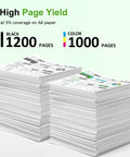 Stacks of printed pages showing high yield for 910XL Ink Cartridges Black And Color Combo Pack For OfficeJet Pro, Black 1200, Color 1000
