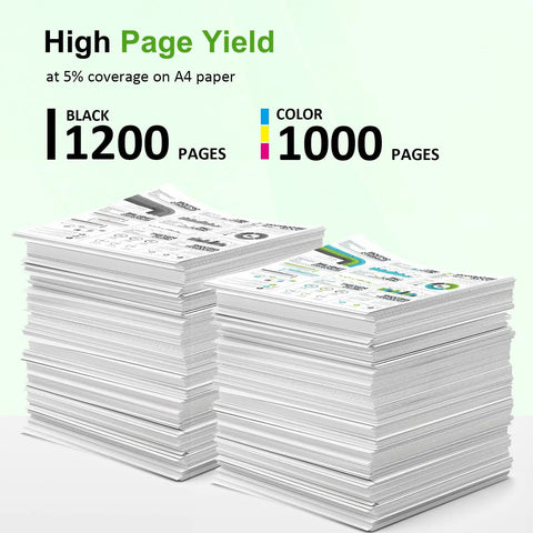 Stacks of printed pages showing high yield for 910XL Ink Cartridges Black And Color Combo Pack For OfficeJet Pro, Black 1200, Color 1000