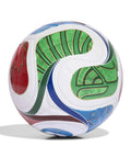 FIFA World Cup 26 Trionda Soccer Ball Size 4 With Hella Smooth Seamless TSBE Surface And Butyl Bladder For Superior Shape Retention And Dope Pro League Match Ready In White Royal Blue, featuring vibrant colors and smooth design.