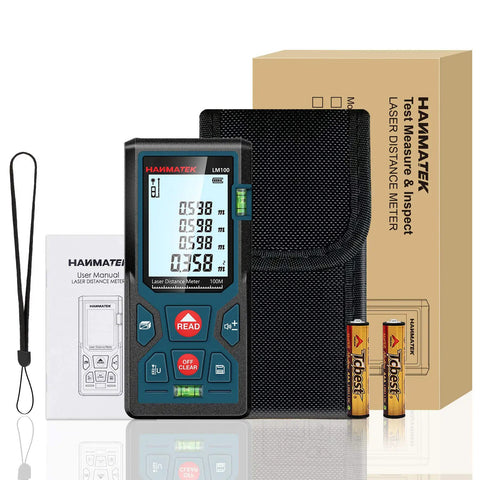 328Ft Laser Distance Meter With Ft In M Switch, LCD display, user manual, batteries, and protective case.