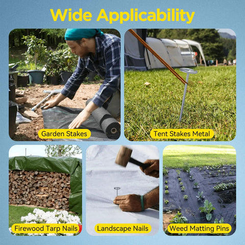 Beefy Thickened 8 Gauge Circle Top Landscape Fabric Stakes, 6 Inch Galvanized Garden Staples in use on various outdoor tasks