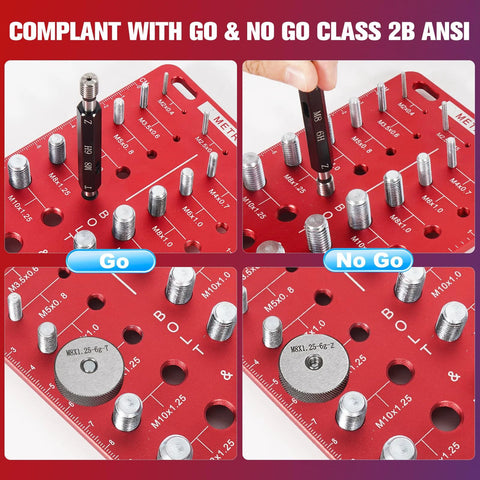76-piece thread checker kit on a red Go/No Go gauge board with assorted bolts