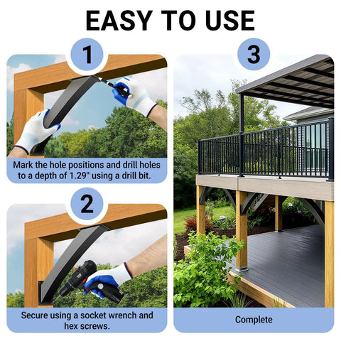 Installation steps for Heavy Duty Arc 45 Degree Pergola Bracket Kit For 4x4 Posts showing drilling, securing, and completed porch view.