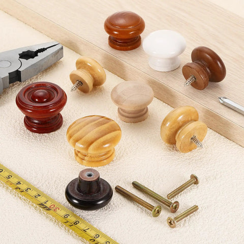 Spruce Up Your Space With Dope 5 Piece Round Wood Drawer Knobs Including Screws For Dresser Wardrobe Cupboard Featuring Slick Mushroom Shape Paint Surface And Natural Solid Wood Base For Fixer Upper Makeovers - Various mushroom knobs and screws on a work surface.