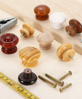 10 Piece Rose Red Mushroom Wood Drawer Knobs Cabinet Hardware With Mounting Screws For Dressers And Cupboards Solid Grain Finish displayed with tools and screws.