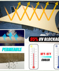 Image showing Beige Triangle Shade Sail 10 Feet By 10 Feet For Patio Deck And Garden Made From 200 GSM HDPE Water And Air Permeable Fabric Delivers UPF 50 Sun Protection Heavy Duty Outdoor Shade For A Stay Cool And Comfortable Outdoor Space installed over patio with UV protection depiction.
