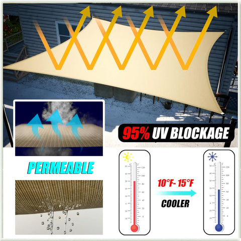 Image showing Beige Triangle Shade Sail 10 Feet By 10 Feet For Patio Deck And Garden Made From 200 GSM HDPE Water And Air Permeable Fabric Delivers UPF 50 Sun Protection Heavy Duty Outdoor Shade For A Stay Cool And Comfortable Outdoor Space installed over patio with UV protection depiction.