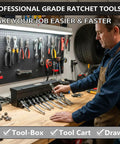 Man using Magnetic Ratchet Organizer Set for One Quarter Inch Three Eighth Inch And One Half Inch Ratchets on a workbench in garage.