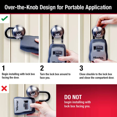 Key Lock Box For House Keys Outdoor Portable Lockbox With Resettable Four Digit Code Weather Resistant Durable Metal Body Holds Up To Five Keys 5400EC2 Black 2 Pack, installation steps on doorknob.