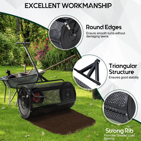 Compost And Peat Moss Spreader With 2-In-1 ATV And T Shaped Handle 44 Inch Rolling Width 5.6 Cubic Feet Capacity Lawn And Garden Roller