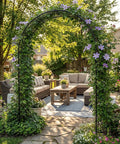 Rust-Resistant Galvanized Metal Garden Arch Trellis, 4.6 Ft Wide By 7.6 Ft Tall, Heavy-Duty Outdoor Arbor adorned with purple flowers.