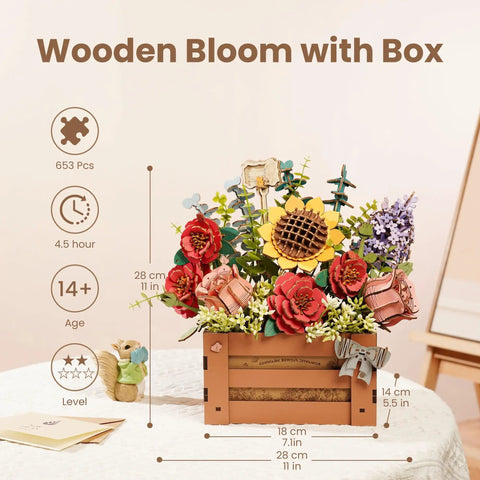 3D Wooden Bloom Box Puzzle Desktop Bouquet Kit For Adults, Intricately Carved Flowers, Dope Home Decor Wood Craft Set, on table