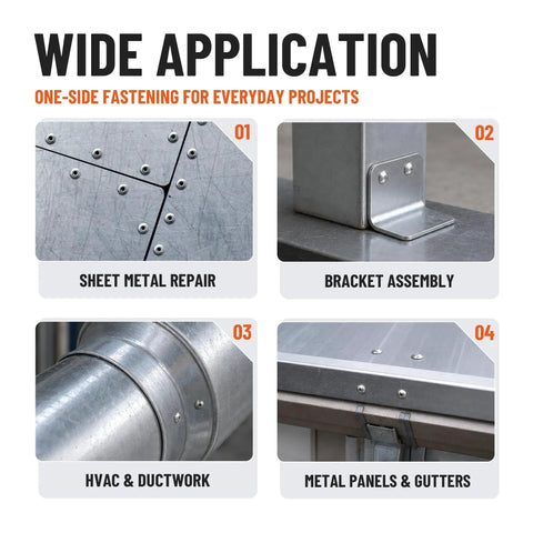 Wide application of 100 Piece Aluminum Blind Rivets One Quarter X Three Quarters Inch With Steel Mandrels in sheet metal repair.