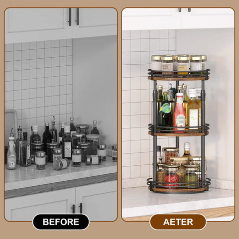 3 Tier Rotating Lazy Susan Spice Rack With Adjustable Height For Cabinet Pantry And Kitchen Counter, displayed with organized bottles.