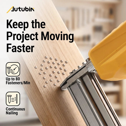 18 Gauge Cordless Brad Nailer 2 In 1 Electric Nail And Staple Gun Kit in use for continuous nailing on wood.