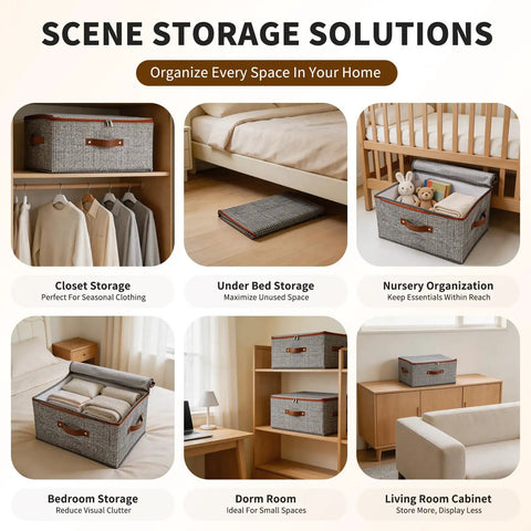 Top Shelf Washable Fabric Storage Bins With Zippered Lids And Sturdy Faux Handles Houndstooth Pattern in various home storage scenarios.
