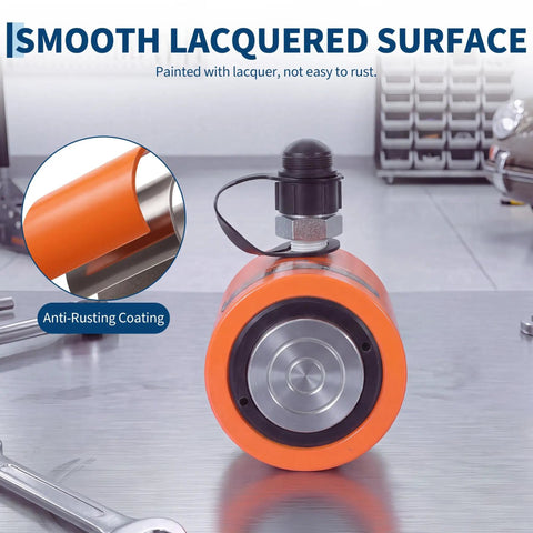 Top Shelf 20 Ton Hydraulic Cylinder Jack For Beefy Industrial Lifting And Pushing, close-up of orange lacquered surface and anti-rusting feature.