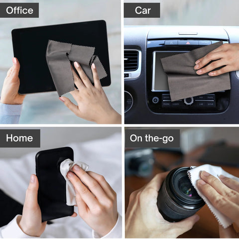 KleanToday gray microfiber cleaning cloth wiping tablet screen in office view
KleanToday gray microfiber cleaning cloth wiping car dashboard touchscreen
KleanToday gray microfiber cleaning cloth wiping smartphone screen at home
KleanToday gray microfiber cleaning cloth wiping camera lens on the go