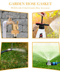 Four images showing garden hose gaskets used with a faucet, foam sprayer, and sprinklers for leak-proof seals in DIY maintenance.