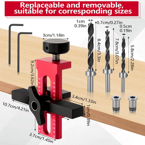 Adjustable Cabinet Door Installer Tool With Removable Base And Aluminum Alloy Construction close-up showing measurements and accessories